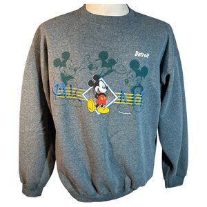 Vintage Disney Mickey Mouse Detroit Sweatshirt Size Large Tultex Gray Crewneck